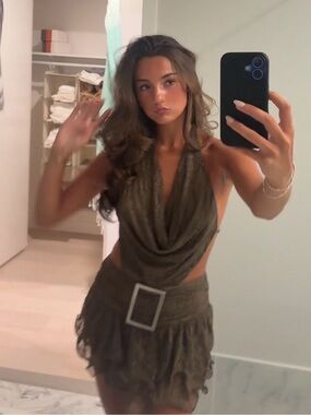 Olive Draped Halter Mini Dress with Belt Accent